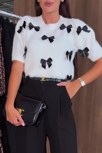 Daily Bow Decor Contrast O Neck Sweaters