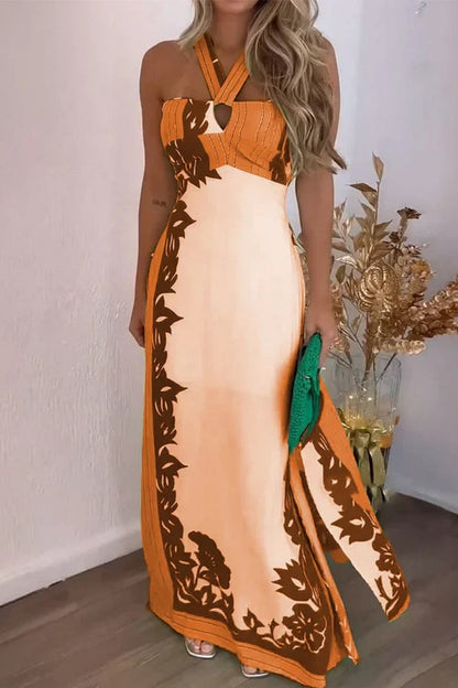 Vacation Print Lace Up Backless Slit Halter Long Dresses(4 Colors)
