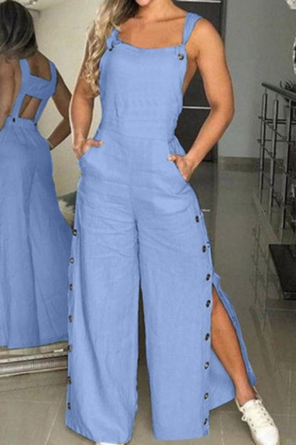 Buttons Backless Spaghetti Strap Regular Jumpsuits(5 Colors)