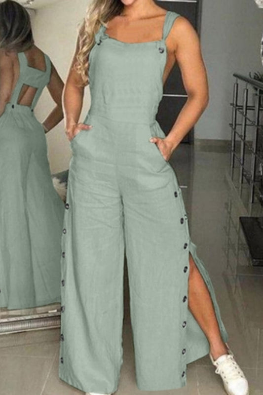 Buttons Backless Spaghetti Strap Regular Jumpsuits(5 Colors)