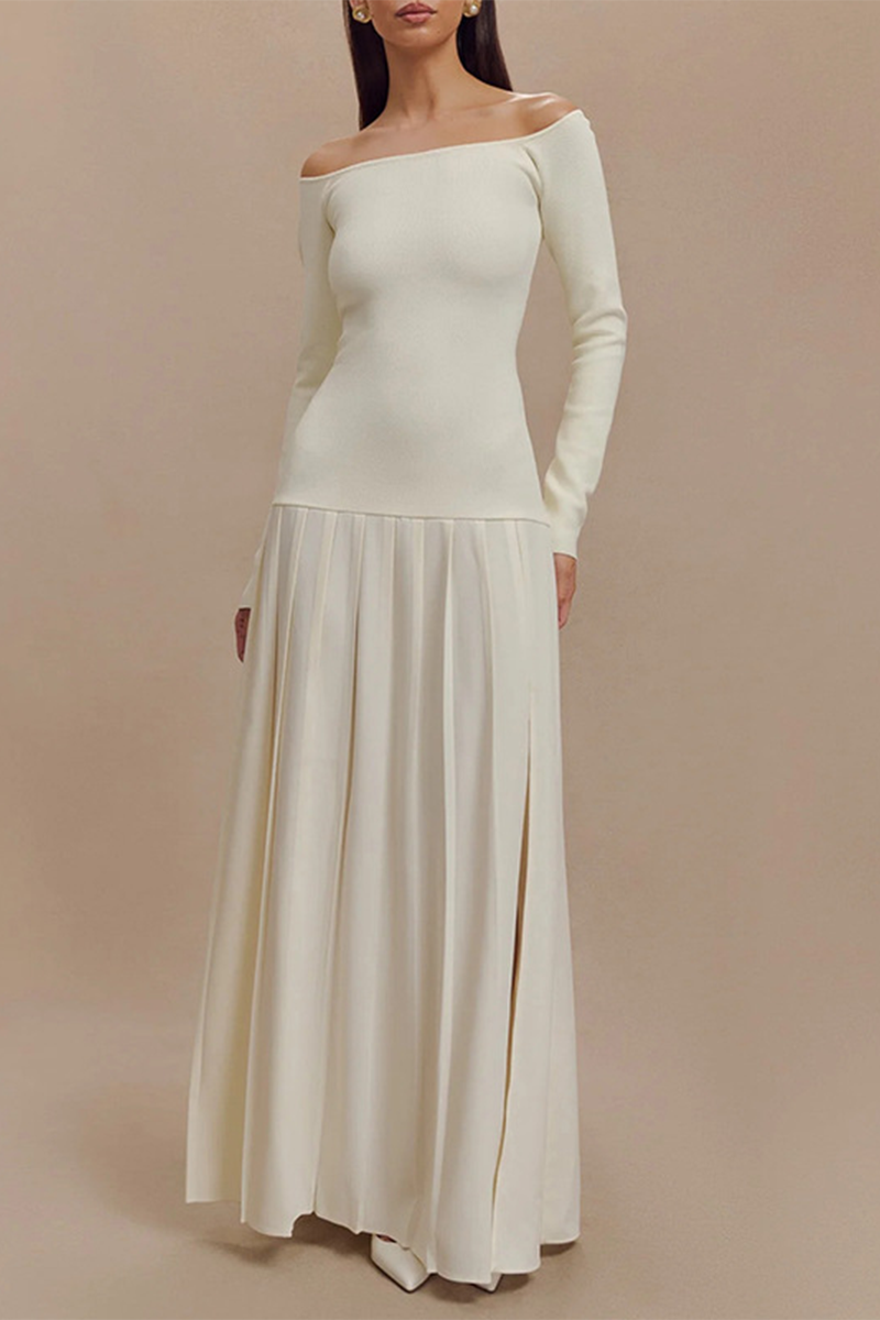 Patchwork Ruched Without Belt Off Shoulder Long Dresses(no Waist Belt)