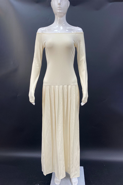 Patchwork Ruched Without Belt Off Shoulder Long Dresses(no Waist Belt)