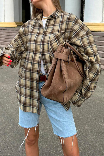 Plaid Buttons Contrast Turndown Collar Blouses