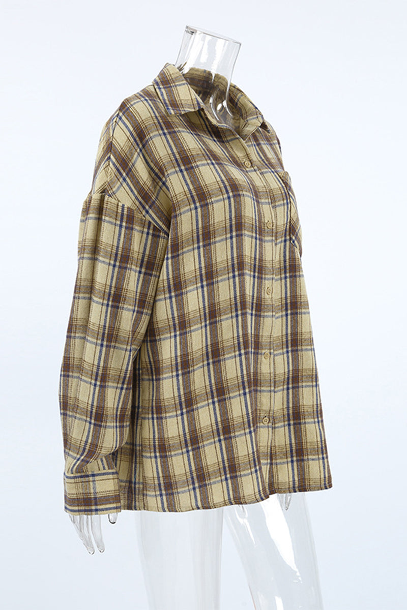 Plaid Buttons Contrast Turndown Collar Blouses