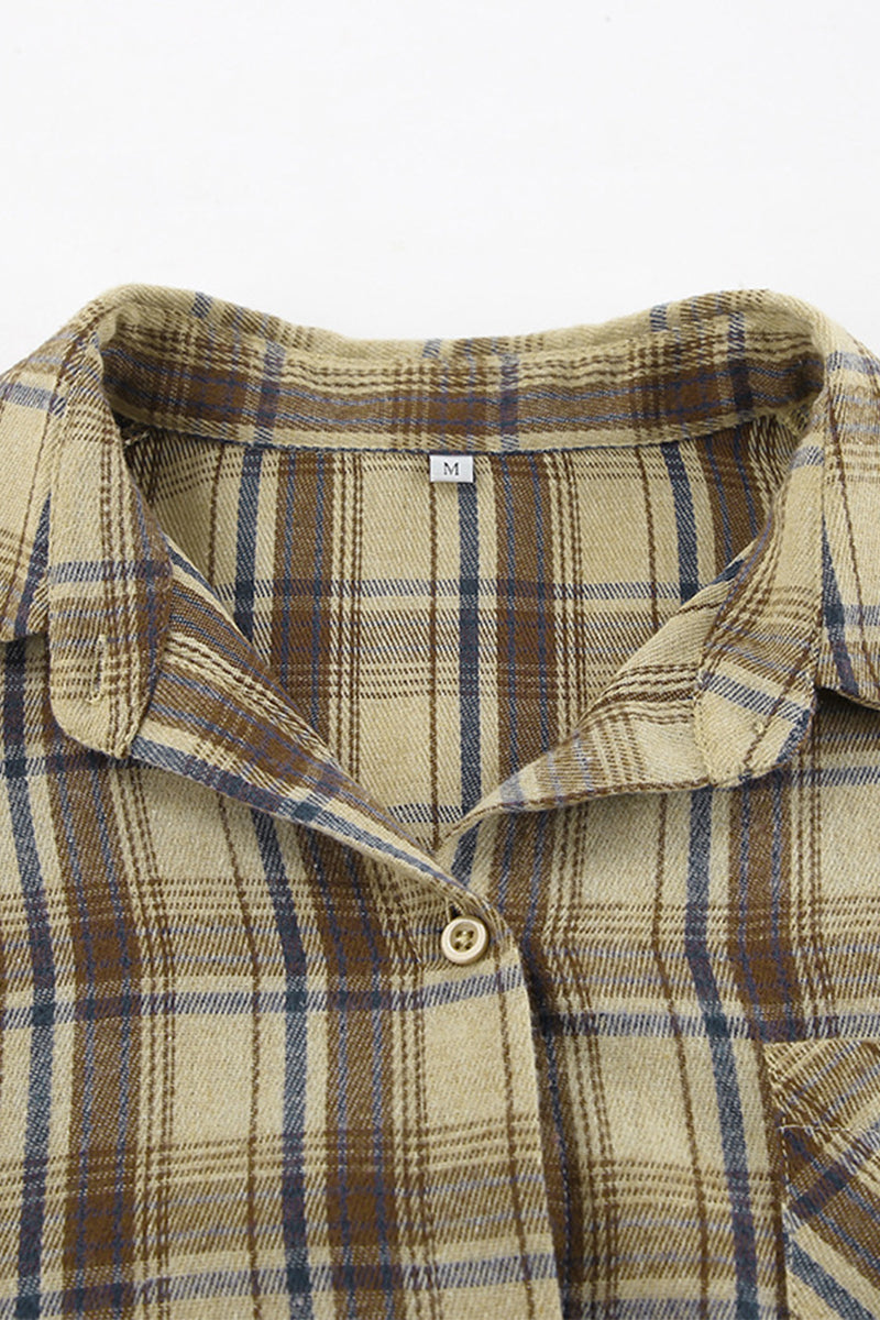 Plaid Buttons Contrast Turndown Collar Blouses
