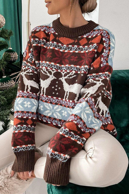 Wapiti Snowflakes Weave Contrast O Neck Sweaters(3 Colors)