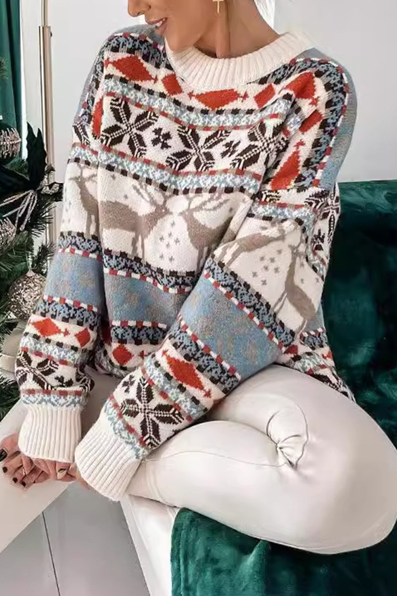 Wapiti Snowflakes Weave Contrast O Neck Sweaters(3 Colors)