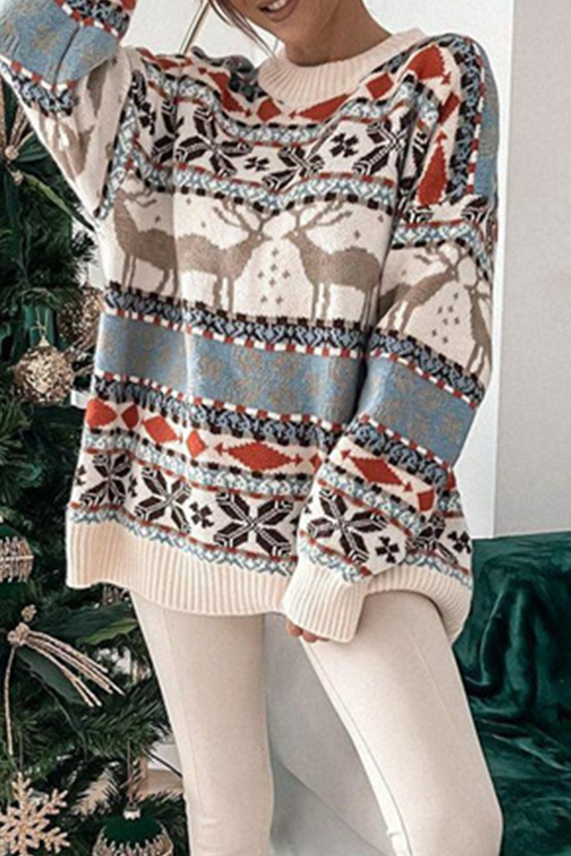 Wapiti Snowflakes Weave Contrast O Neck Sweaters(3 Colors)