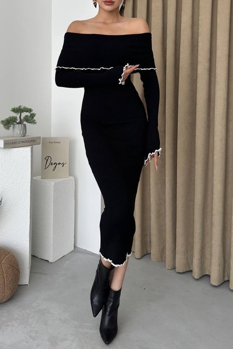 Patchwork Contrast Potholes Off Shoulder One Step Skirt Dresses