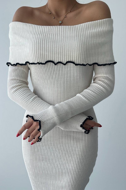 Patchwork Contrast Potholes Off Shoulder One Step Skirt Dresses