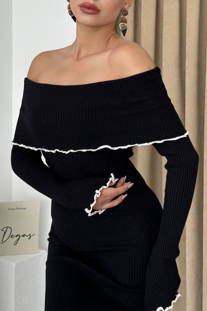 Patchwork Contrast Potholes Off Shoulder One Step Skirt Dresses