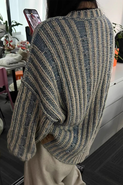 Stripe Weave Contrast Potholes O Neck Sweaters