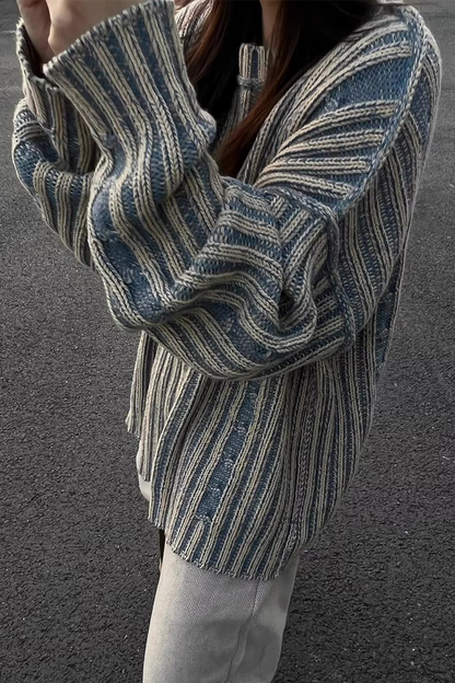 Stripe Weave Contrast Potholes O Neck Sweaters