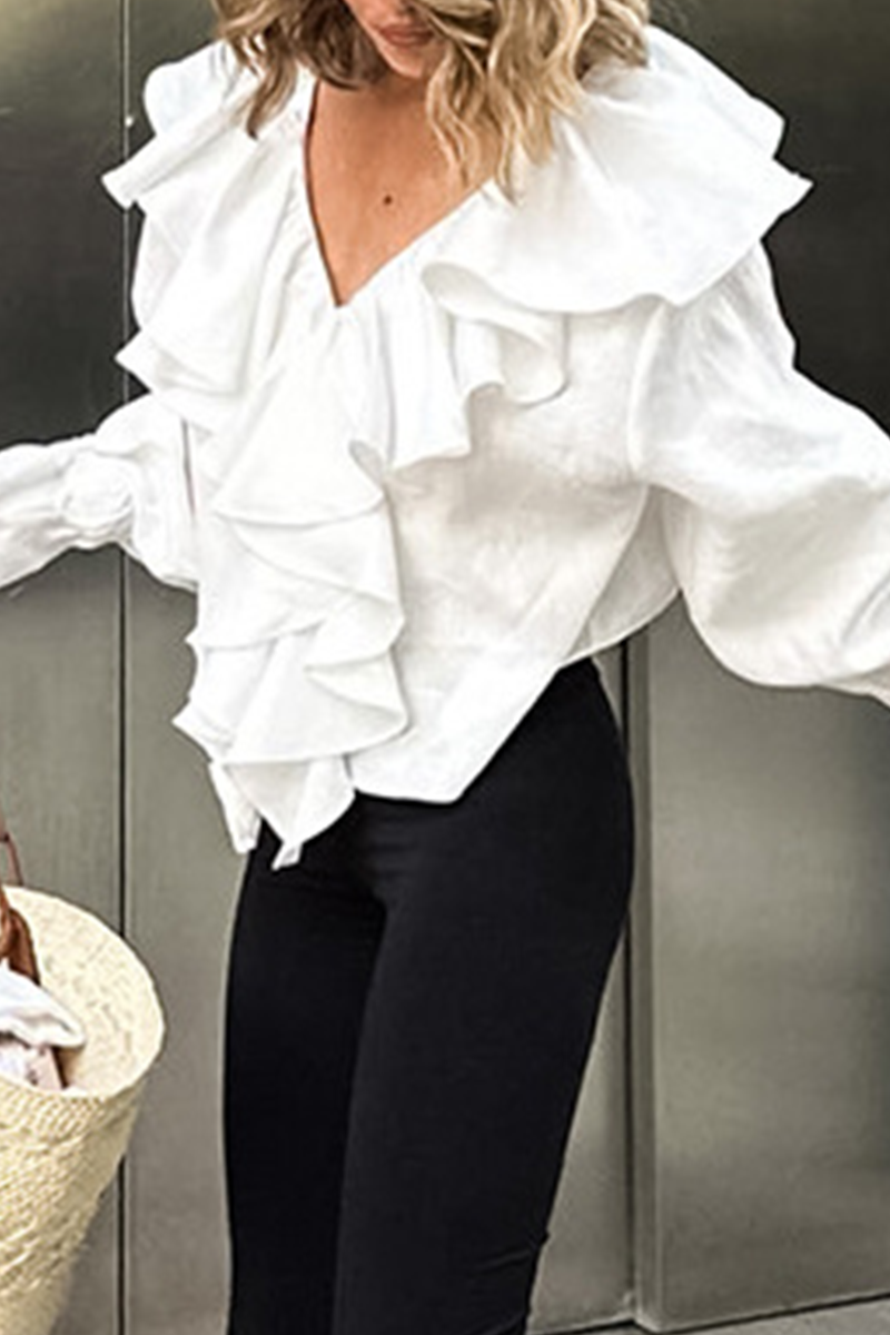 Color Ruffle V Neck Blouses
