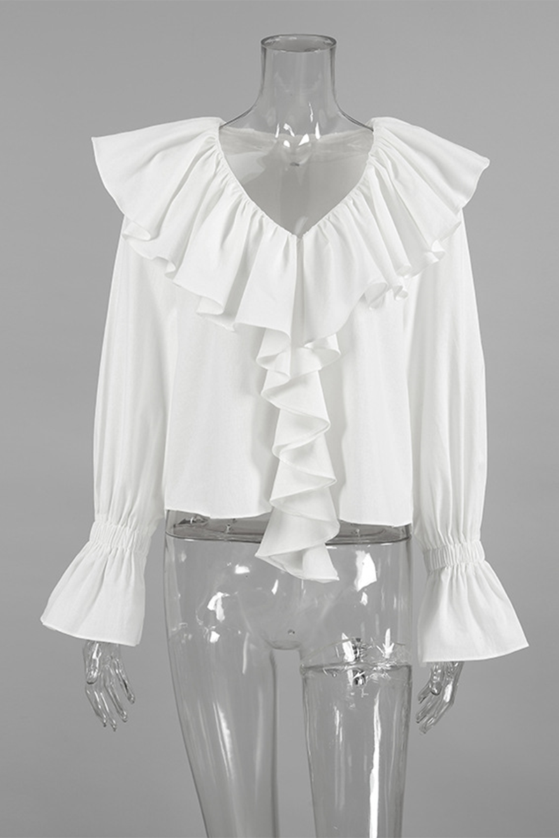 Color Ruffle V Neck Blouses