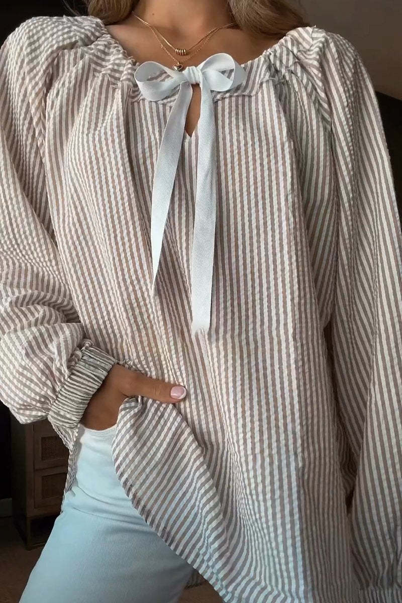 Stripe Lace Up Patchwork Contrast V Neck Blouses(4 Colors)