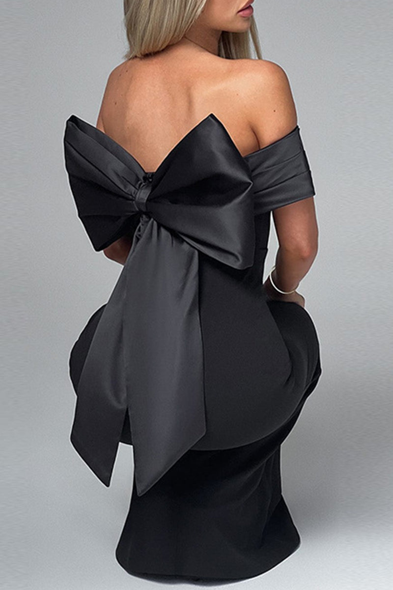 Patchwork Backless Bow Decor Off Shoulder Long Dresses