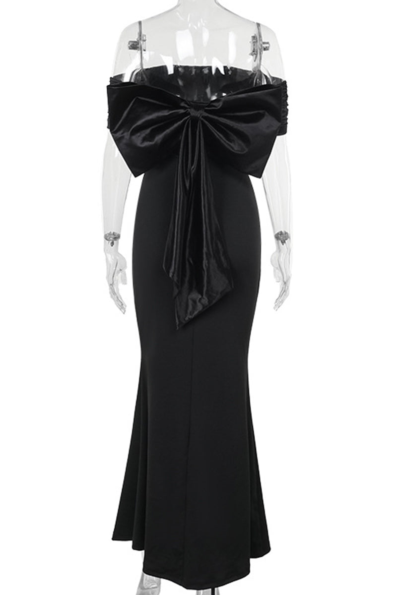 Patchwork Backless Bow Decor Off Shoulder Long Dresses