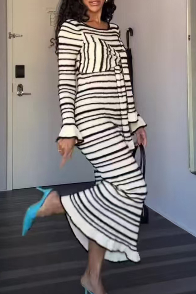 Stripe Patchwork Bow Decor Contrast O Neck One Step Skirt Dresses