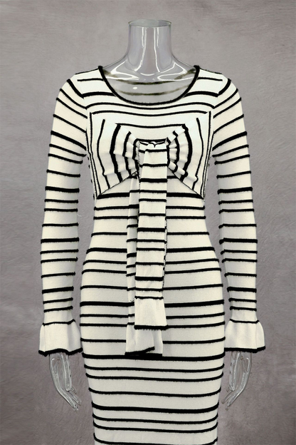 Stripe Patchwork Bow Decor Contrast O Neck One Step Skirt Dresses
