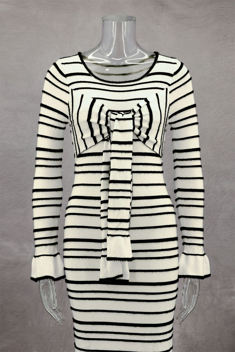 Stripe Patchwork Bow Decor Contrast O Neck One Step Skirt Dresses