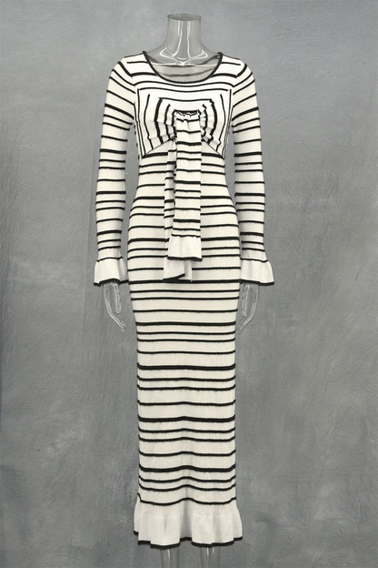 Stripe Patchwork Bow Decor Contrast O Neck One Step Skirt Dresses