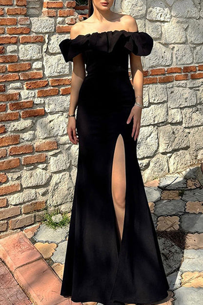 Patchwork Backless High Slit Off Shoulder Long Dresses