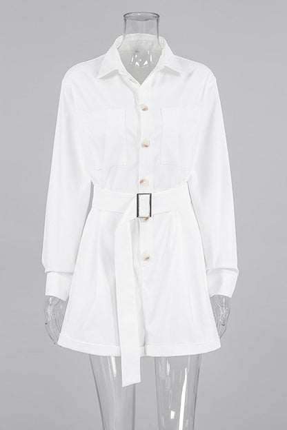 Daily Pocket Buttons With Belt Turndown Collar Loose Rompers