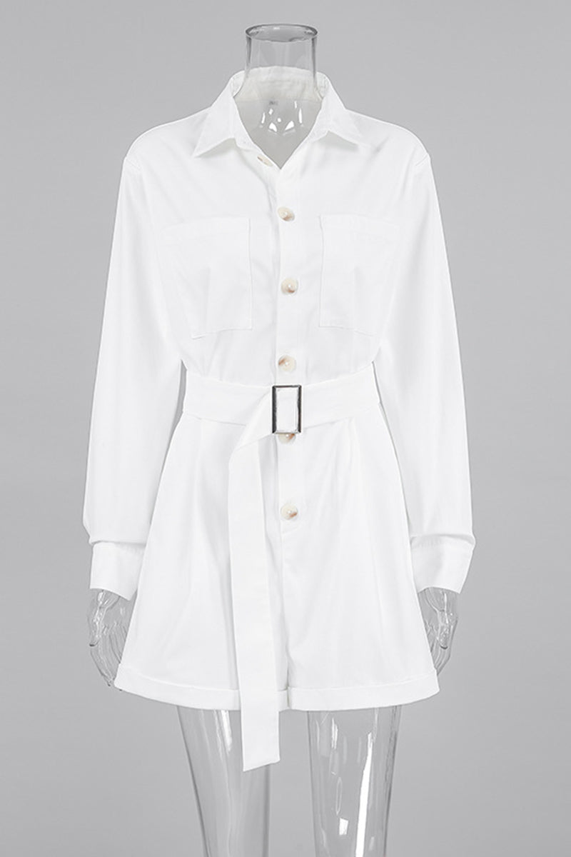 Daily Pocket Buttons With Belt Turndown Collar Loose Rompers