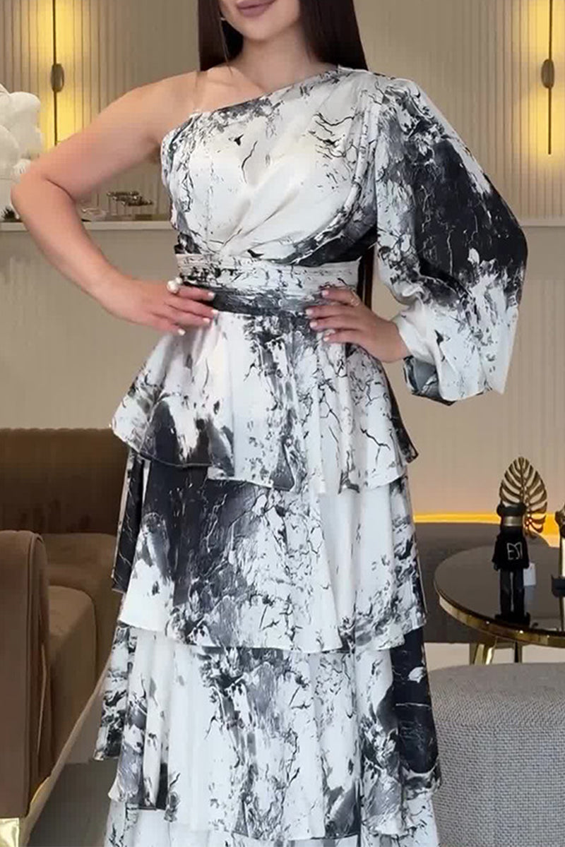 Print Ruffle Sloping Shoulder Long Dresses