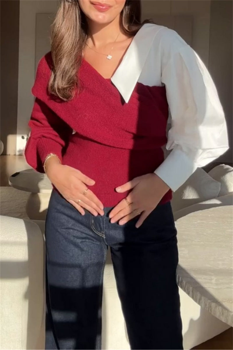 Patchwork Contrast V Neck Sweaters