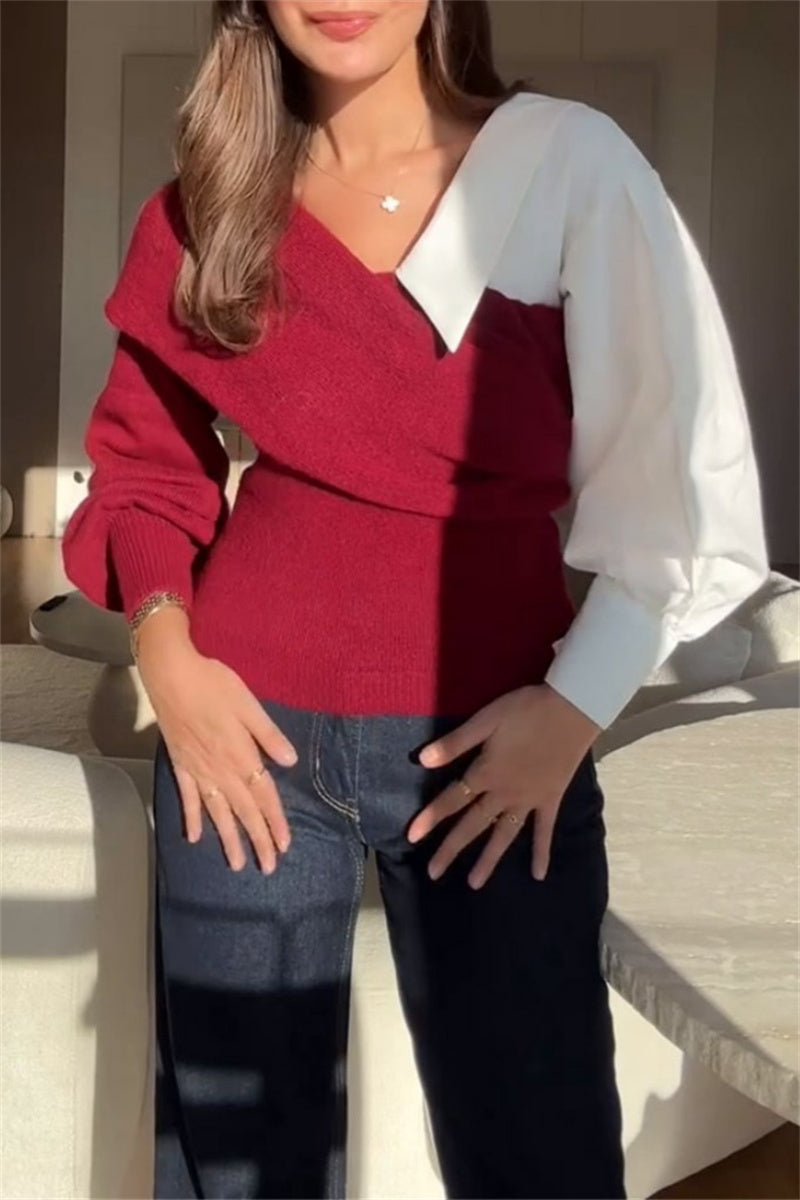 Patchwork Contrast V Neck Sweaters