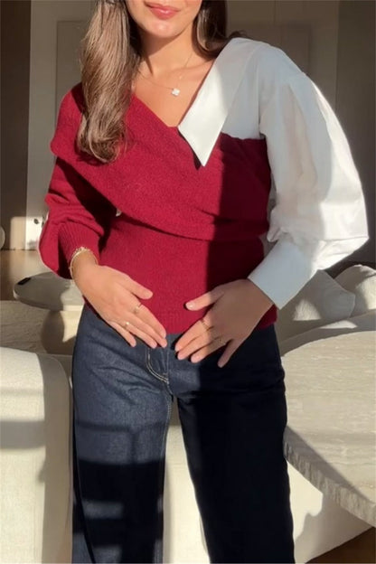 Patchwork Contrast V Neck Sweaters