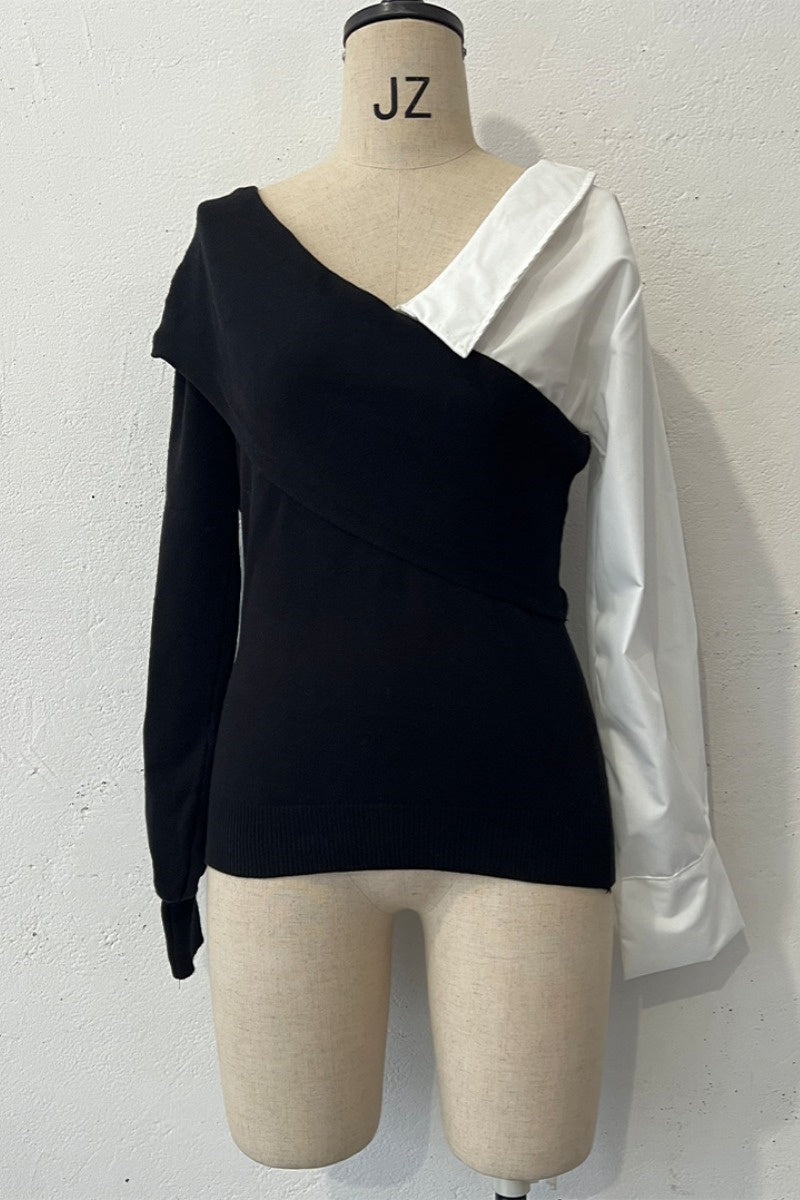 Patchwork Contrast V Neck Sweaters