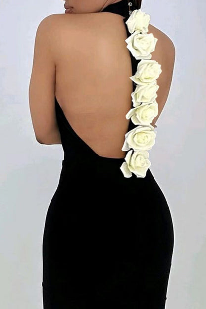 Party Hot Color Flowers Patchwork Backless Halter Wrapped Skirt Dresses