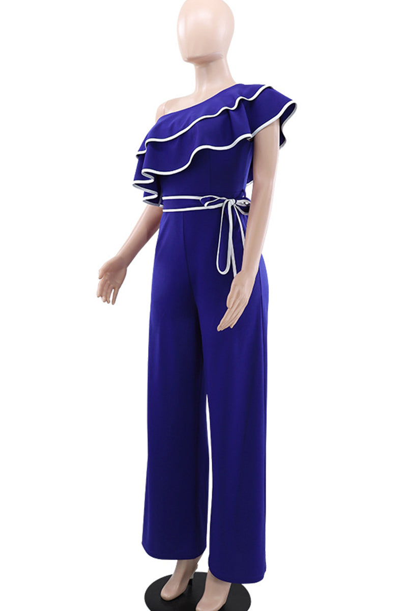 Patchwork Strap Design Contrast Ruffled Trim Oblique Collar Loose Jumpsuits