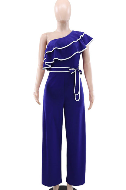 Patchwork Strap Design Contrast Ruffled Trim Oblique Collar Loose Jumpsuits