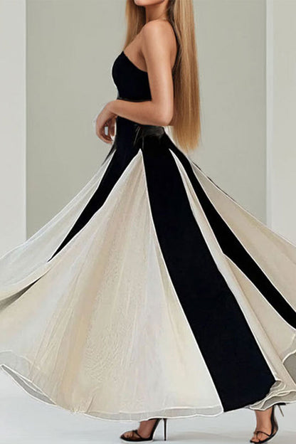 Patchwork Contrast Strapless Long Dresses