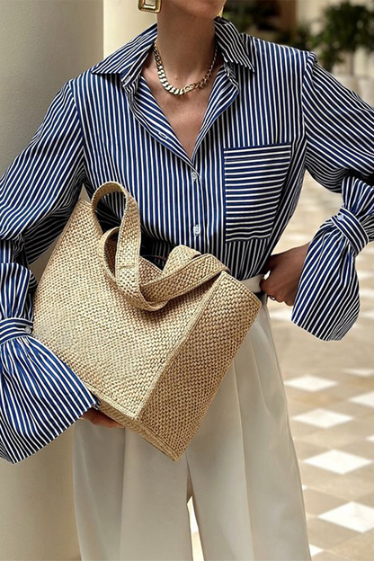 Stripe Pocket Patchwork Contrast Turndown Collar Blouses