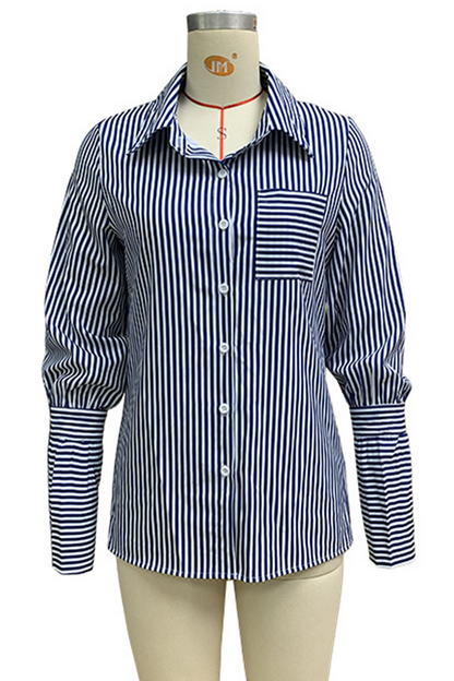 Stripe Pocket Patchwork Contrast Turndown Collar Blouses