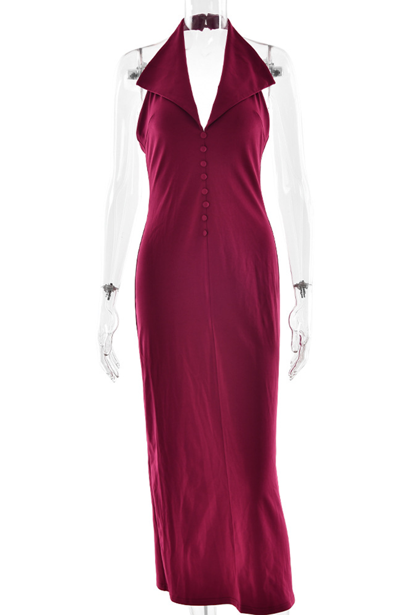 Buckle Backless Turndown Collar One Step Skirt Dresses(3 Colors)