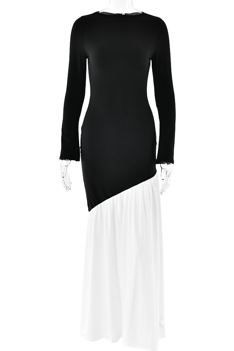 Ruched Contrast O Neck Long Dresses