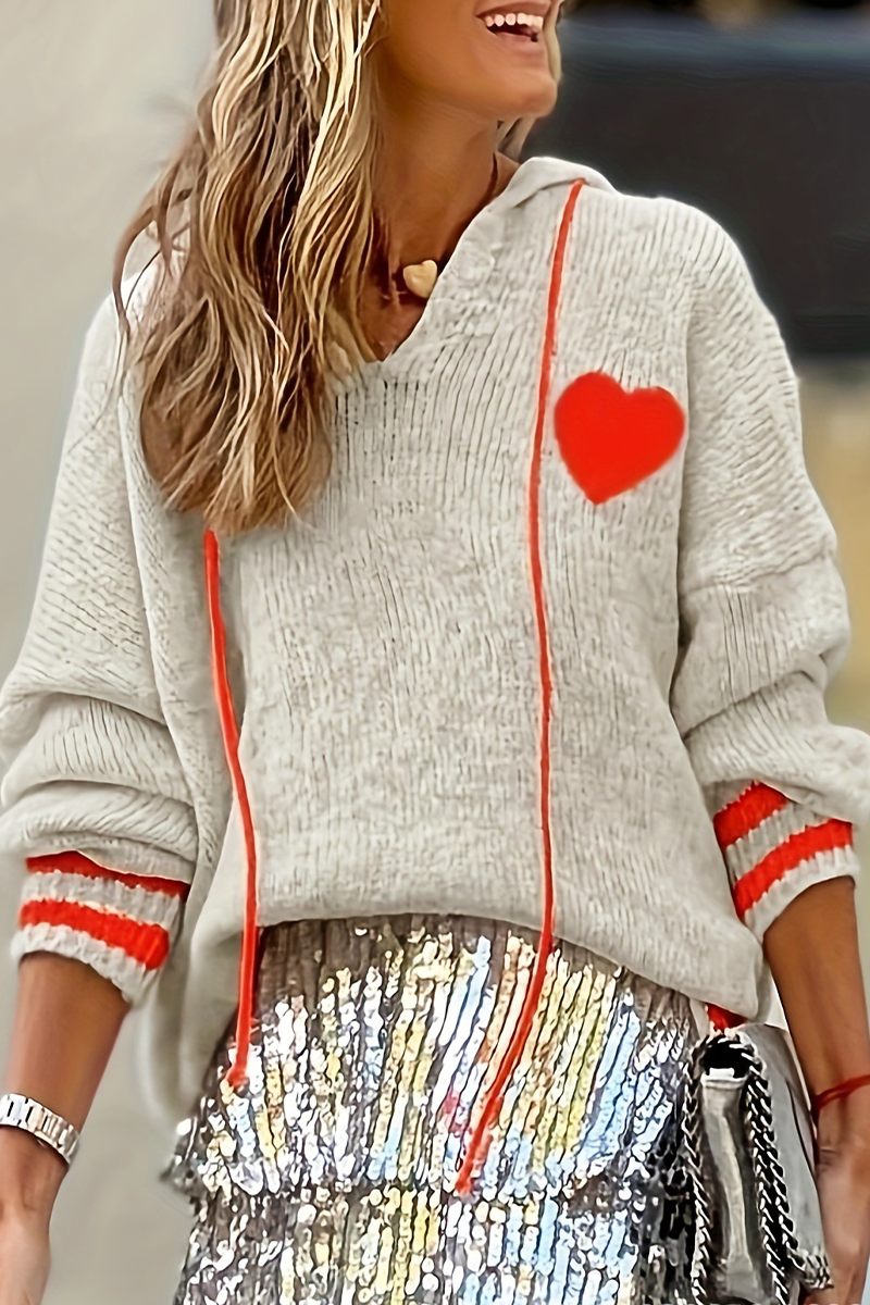 Heart Shaped Draw String Weave Contrast Hooded Sweaters
