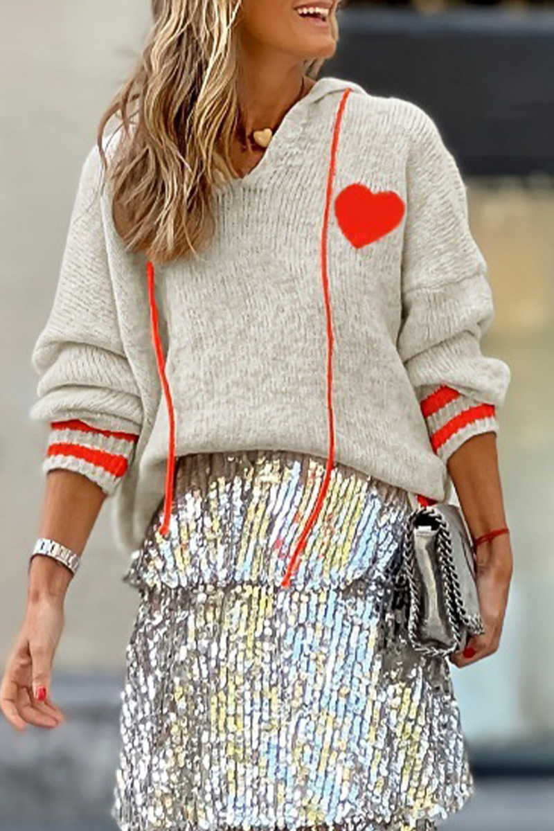 Heart Shaped Draw String Weave Contrast Hooded Sweaters