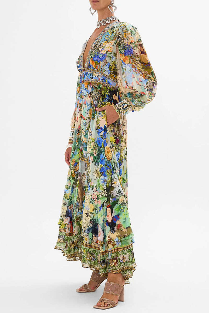 Print Contrast V Neck Waist Skirt Dresses