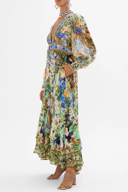 Print Contrast V Neck Waist Skirt Dresses