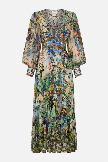 Print Contrast V Neck Waist Skirt Dresses