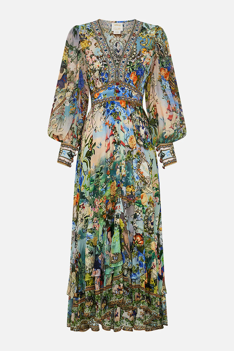 Print Contrast V Neck Waist Skirt Dresses