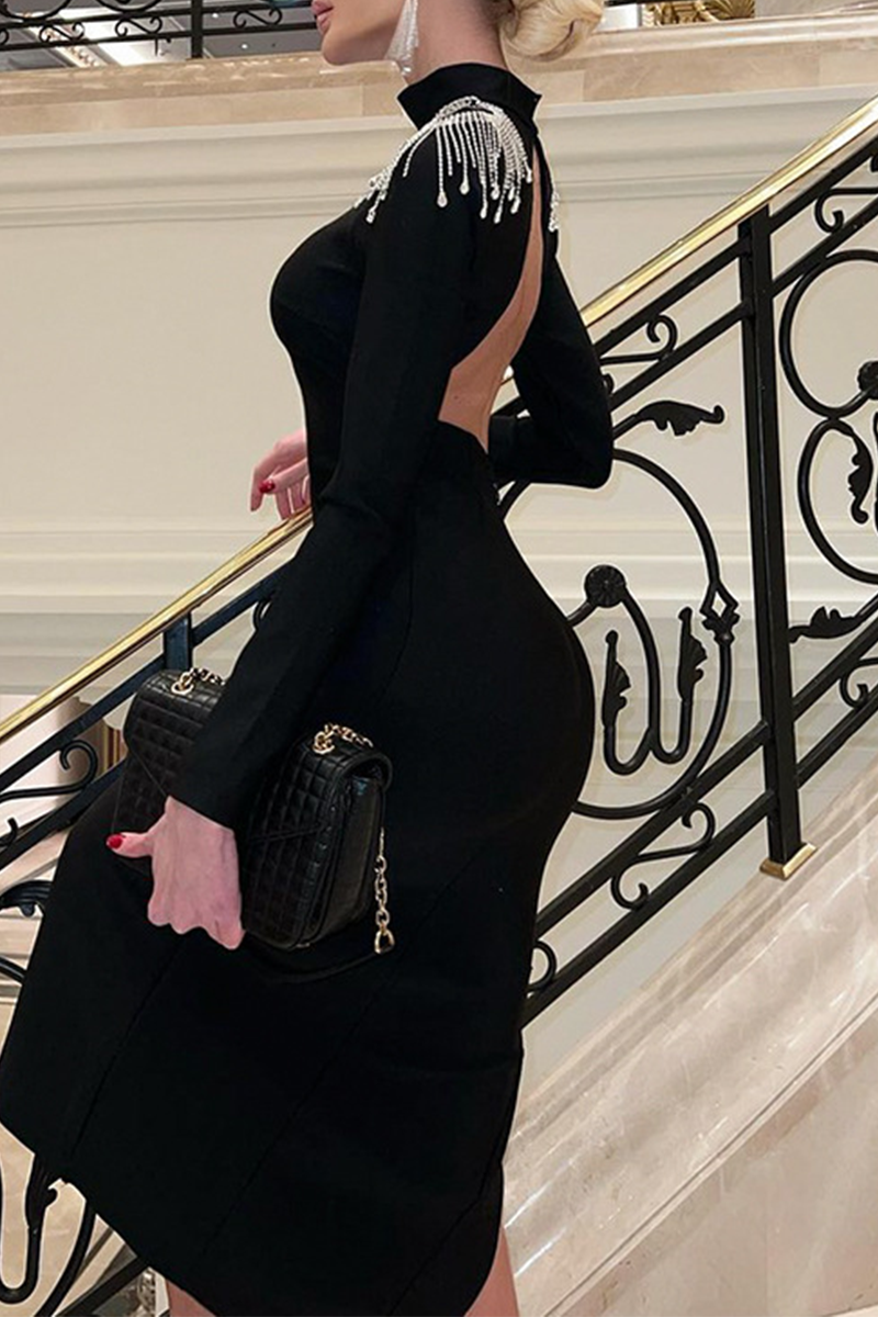 Rhinestone Fringed Trim Slit Turtleneck Wrapped Skirt Dresses