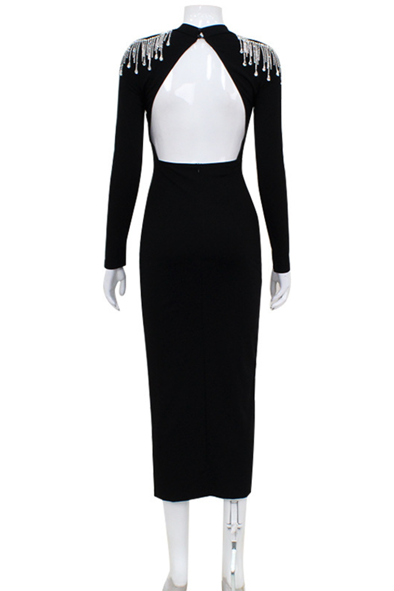 Rhinestone Fringed Trim Slit Turtleneck Wrapped Skirt Dresses